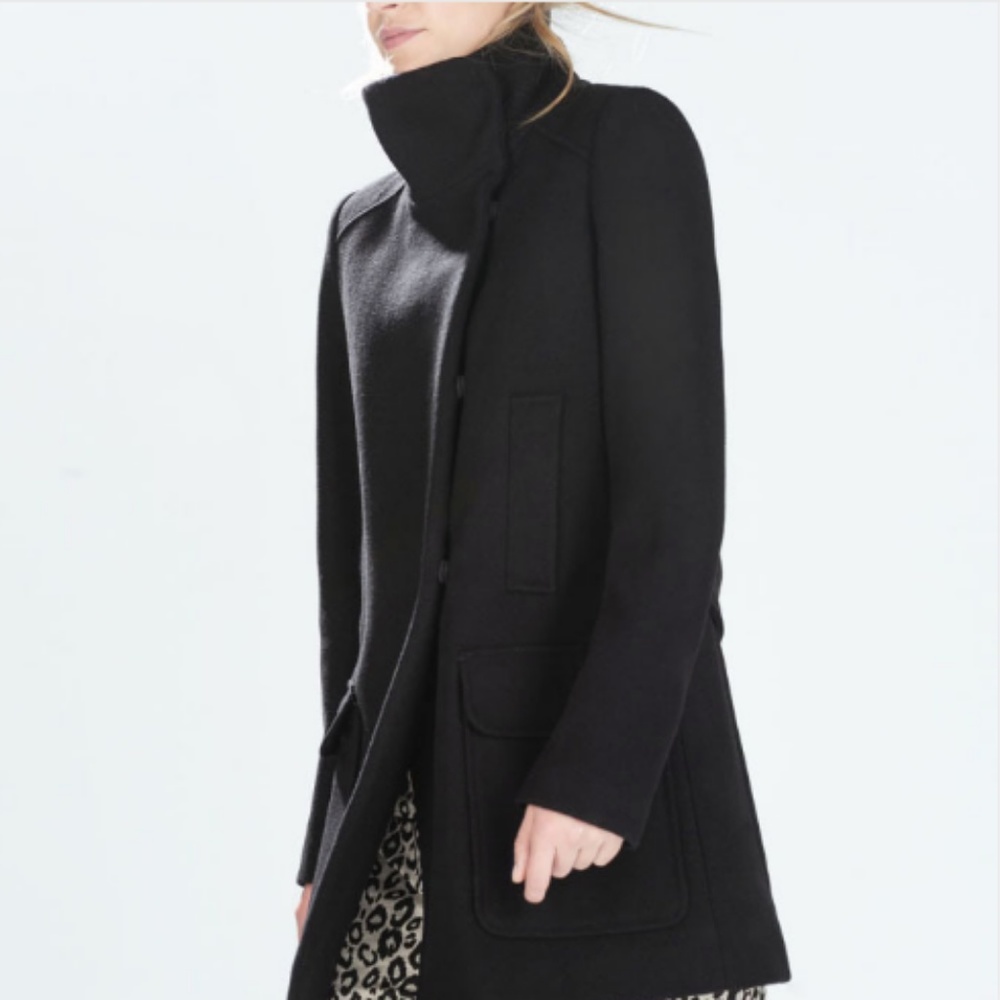 Black Wool Zara Coat Funnel Neck Trafaluc Small